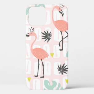 Funda Para iPhone 12 Patrón sin foco con flamencos rosados y hojas de p