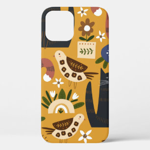 Funda Para iPhone 12 Patrón sin foco con gatos lindos y pájaro. dra de