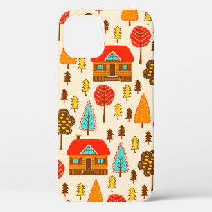 Funda Para iPhone 12 Patrón sin foco con las casas en el bosque. Vintag