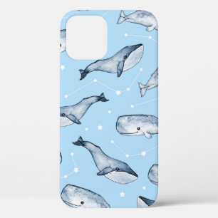 Funda Para iPhone 12 Patrón sin foco con lindas ballenas y estrellas. A