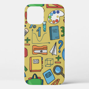 Funda Para iPhone 12 Patrón sin foco con suministros escolares en amari