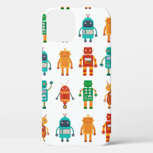 Funda Para iPhone 12 Patrón sin foco de robots retro coloridos en una f