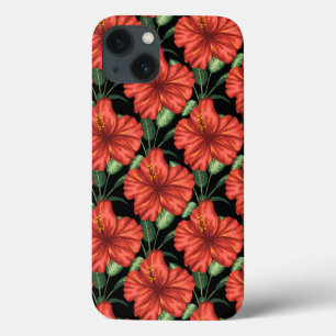 Funda Para iPhone 13 Patrón sin foco Flores rojas tropicales hojas verd