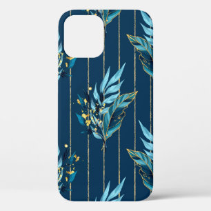 Funda Para iPhone 12 Patrón sin soldadura con hojas y rayas azules