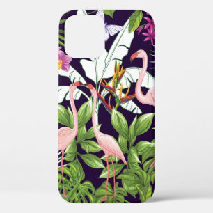 Funda Para iPhone 12 Patrón sin soldadura, fondo con flamingo y tro