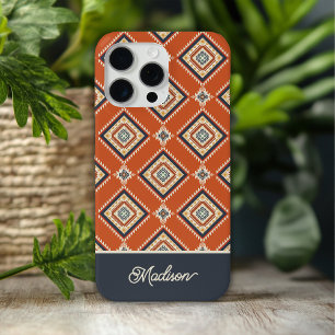 Funda Para iPhone 15 Pro Max Patrón Tribal Azteca Azul Herrumbre Nombre Persona