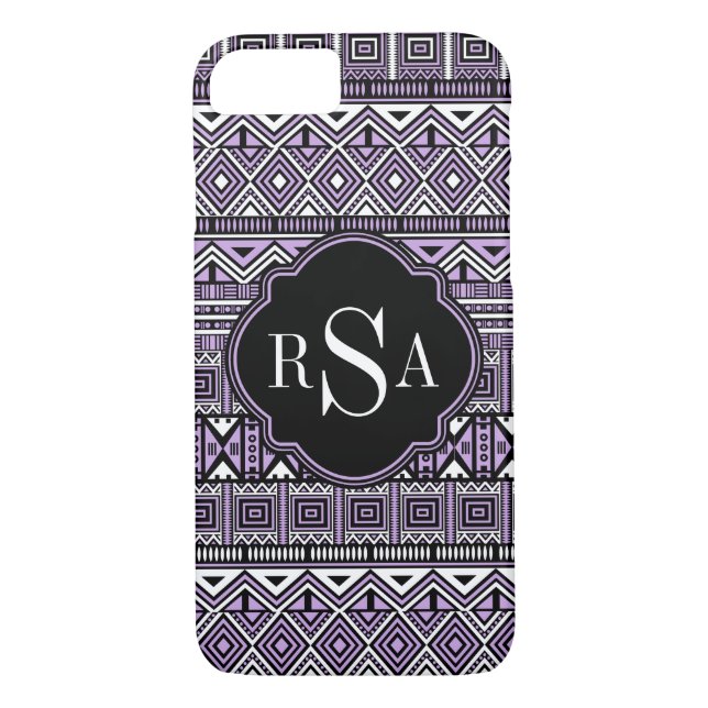 Funda De Case-Mate Para iPhone Patrón tribal negro morado monogramado (Reverso)