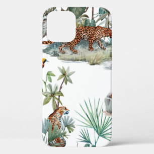 Funda Para iPhone 12 Patrón tropical acuarela con un animal leopardo,