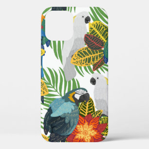 Funda Para iPhone 12 Patrón tropical sin foco con loros. 
