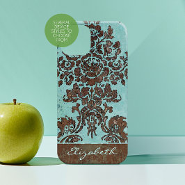 Funda Para iPhone 15 Mini Patrón Verde azulado de Damasco con monograma