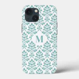 Funda Para iPhone 13 Mini Patrón Verde azulado de Feuille Damask (Personaliz