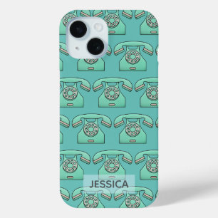Funda Para iPhone 15 Patrón Verde azulado retro de corte de teléfono pe