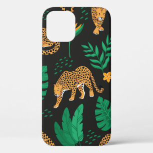 Funda Para iPhone 12 Patrón vintage con leopardos y hojas tropicales