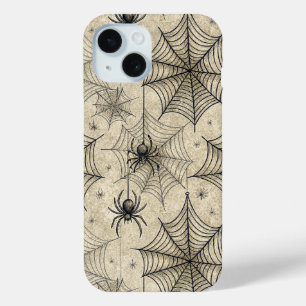 Funda Para iPhone 15 Patrón Vintage de Halloween de Arañas y Telarañas
