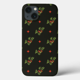 Funda Para iPhone 13 Patrón Vintage de Hojas de Acebo y Estrellas de Na