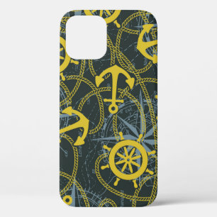 Funda Para iPhone 12 Patrón vintage náutico, ancla y mapa.