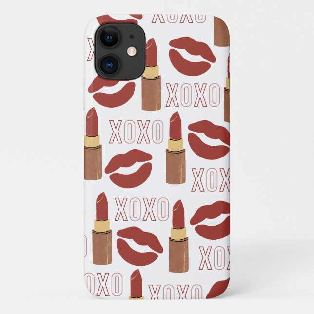 Funda De Case-Mate Para iPhone Patrón XOXO, Labios Rojos y Lipsticks Rojos (Reverso)