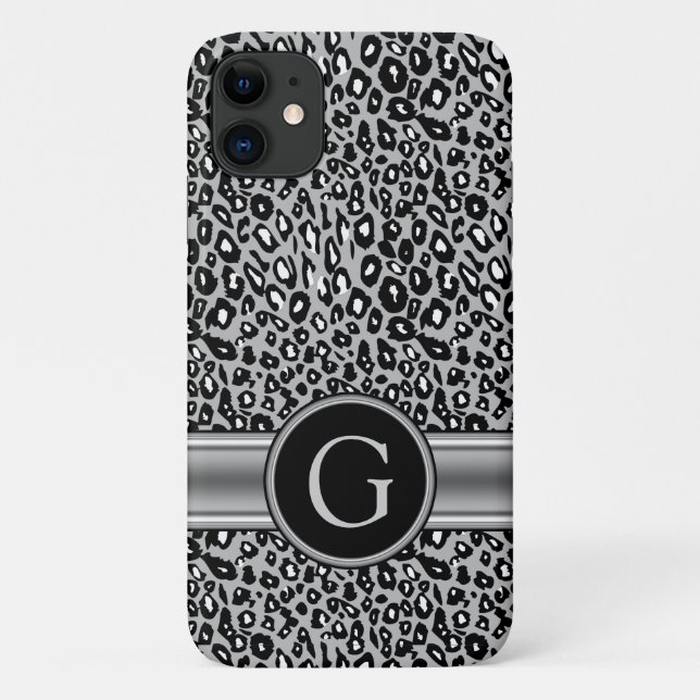 Funda De Case-Mate Para iPhone Patrón y monograma de leopardo plateado de moda (Reverso)