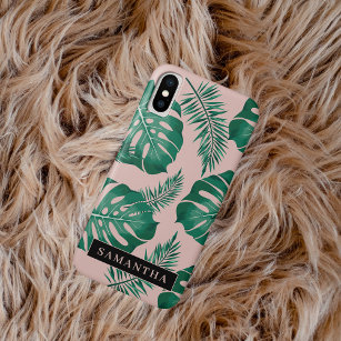 Funda Para iPhone XS Patrón y nombre de hojas de palma verde y rosa tro