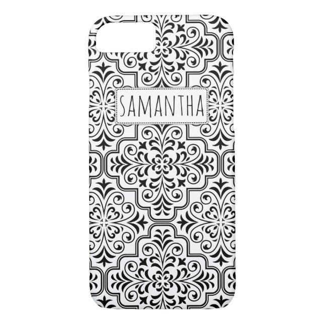 Funda De Case-Mate Para iPhone Patrón y nombre del damasco blanco y negro (Reverso)