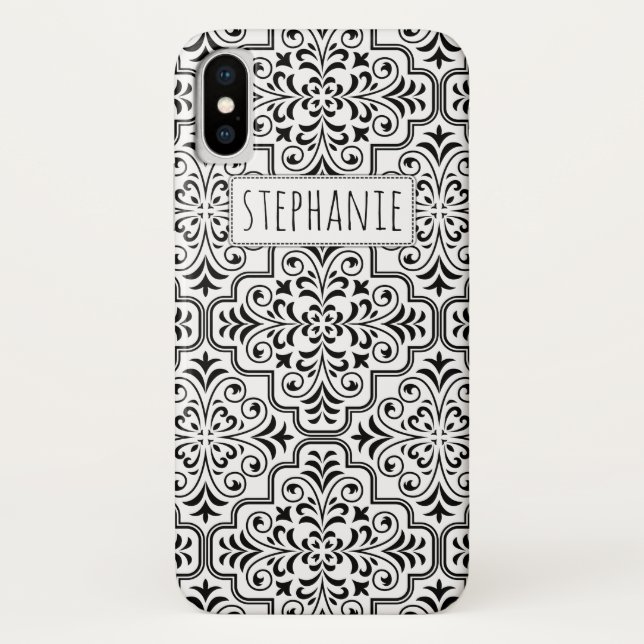 Funda De Case-Mate Para iPhone Patrón y nombre del damasco blanco y negro (Reverso)