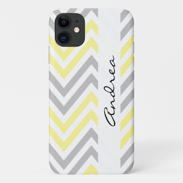 Funda De Case-Mate Para iPhone Patrón Zigzag, Chevron, amarillo, gris, tu nombre (Reverso)
