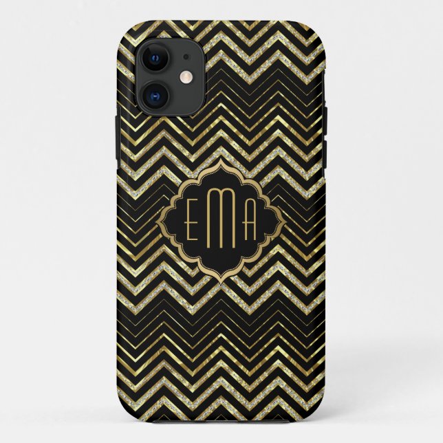 Funda De Case-Mate Para iPhone Patrón Zigzag Chevron, Purpurina de oro monogramad (Reverso)