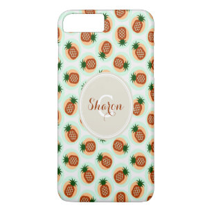 Funda Para iPhone 8 Plus/7 Plus Patrones de piña marrones y menta retro con monogr