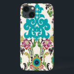 Funda Para iPhone 13 Patrones florales Damask Plum Turquoise<br><div class="desc">Los motivos florales turquesa, ciruela, verde y violeta se encuentran en un fondo blanco para dar vida a esta huella de damasco Erica Vess de junio. Funciona como un regalo para usted, un amigo o un familiar.</div>
