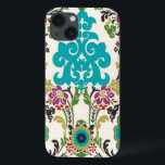 Funda Para iPhone 13 Patrones florales Damask Plum Turquoise<br><div class="desc">Los motivos florales turquesa,  ciruela,  verde y violeta se encuentran en un fondo blanco para dar vida a esta huella de damasco Erica Vess de junio. Funciona como un regalo para usted,  un amigo o un familiar.</div>