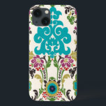 Funda Para iPhone 13 Patrones florales Damask Plum Turquoise<br><div class="desc">Los motivos florales turquesa,  ciruela,  verde y violeta se encuentran en un fondo blanco para dar vida a esta huella de damasco Erica Vess de junio. Funciona como un regalo para usted,  un amigo o un familiar.</div>