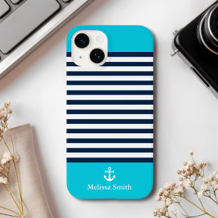Funda Para iPhone 14 De Case-Mate Pattern Navy blue and white bands Blue background