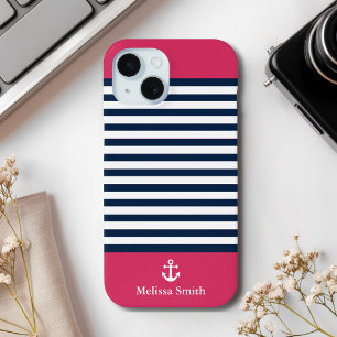 Funda Para iPhone 15 Pattern Navy blue and white bands Red background