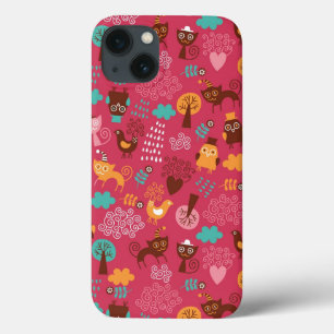 Funda Para iPhone 13 Pattern with cute birds and cats