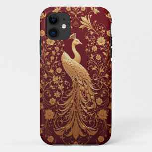 Funda Para iPhone 11 Pavo Real Dorado Floral Rojo Elegante Estilo de Lu