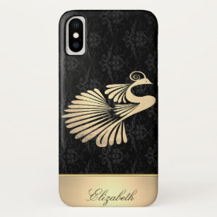 Funda Para iPhone XS Pavo Real Elegante, Damasco Negro - Personalizado