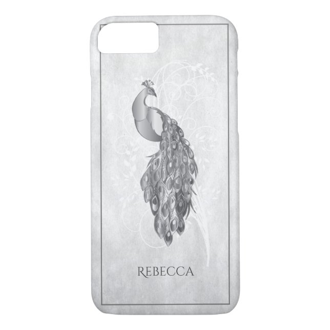 Funda De Case-Mate Para iPhone Peacock elegante plateado personalizado (Reverso)
