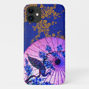 Funda Para iPhone 11 Peacock parasol oriental flor de cerezo azul rosa
