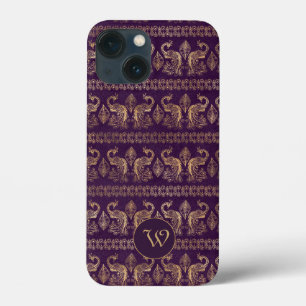 Funda Para iPhone 13 Mini Peacocks de oro oscuro de berenjena con monograma