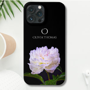 Funda Para iPhone 13 Pro Max Peonía Blanca Elegante con Monograma y Nombre