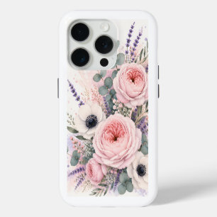 Funda Para iPhone 15 Pro Peonía Rosa Suave y Anémona Blanca Acuarela