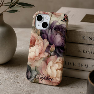 Funda Para iPhone 15 Peonías Vintage en Rosa y Morado Personalizadas 