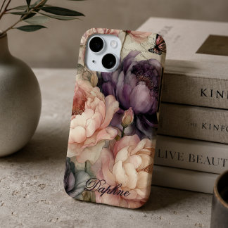 Funda Para iPhone 15 Peonías Vintage en Rosa y Morado Personalizadas