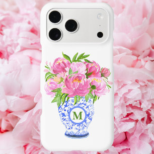 Funda Para iPhone 15 Mini Peonies rosados Chinoiserie Vase Green Monograma