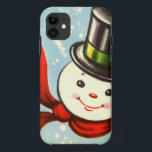 Funda Para iPhone 11 Pequeño muñeco de nieve retro lindo<br><div class="desc">El ilustracion de color del vintage de una cabeza redonda linda del muñeco de nieve con el sombrero de copa negro y la bufanda roja arregló en verde.</div>