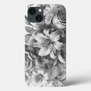 Funda Para iPhone 13 Perfección floral de antigüedades en blanco y negr