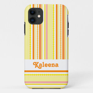 Funda Para iPhone 11 Perlas de rayas con nombre naranja rosa