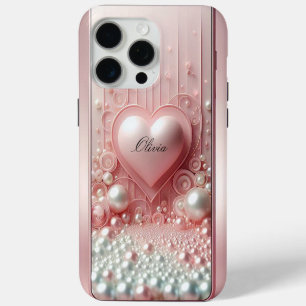 Funda Para iPhone 15 Pro Max Perlas rosadas doradas modernas elegantes y lindas