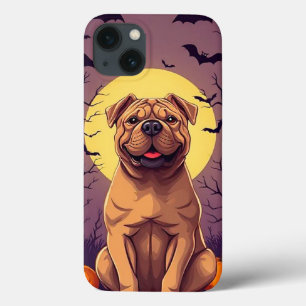 Funda Para iPhone 13 Perro Adorable en Escena de Halloween con Calabaza