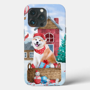 Funda Para iPhone 13 Pro Perro Akita en casa de Navidad con nieve